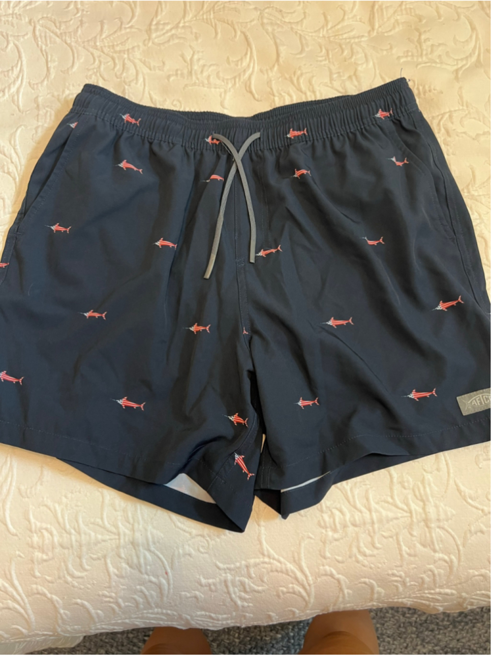 Men's AFTCO Swim Trunks Navy with Red Fish Print